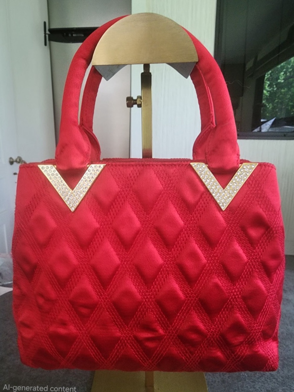 Valentino Garavani Couture Vintage Red Quilted Satin Tote with Crystal V Accents